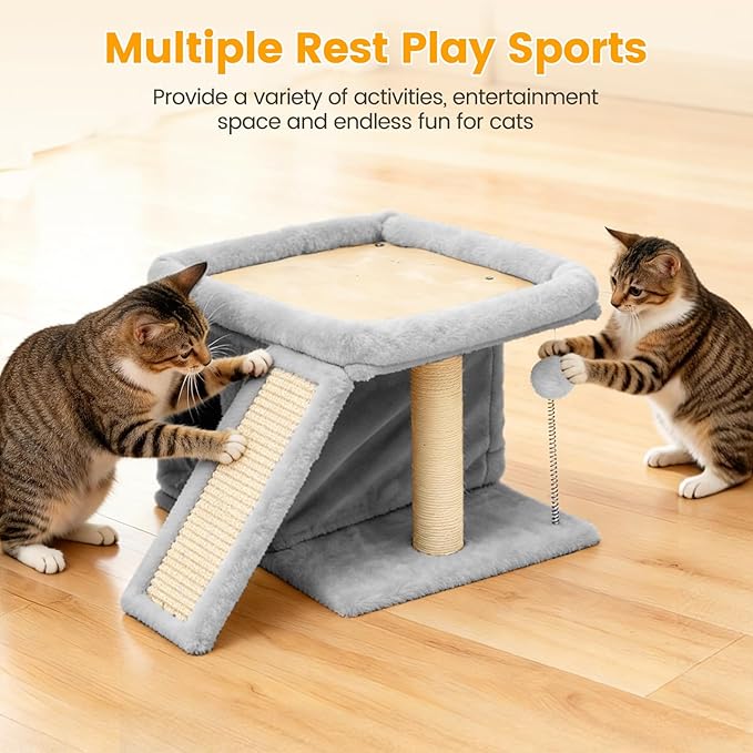 Cat Tree, Compact Cat Tree for Small Spaces, Heavy Duty Cat Tower for Large Cats,Small Cat Tower with Cat Scratching Post & Bed, Cat Condo Climbing Furniture for Indoor Cats (Light Grey)