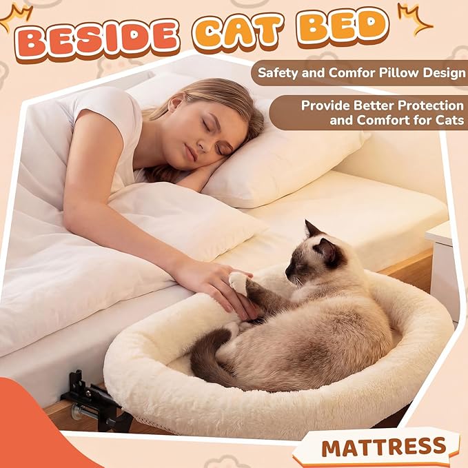 Lewtemi Bedside Pet Bed, Hanging Cat Hammock Attached to Bed or Desk, Adjustable Lounge with Heavy Duty Metal Frame, Soft Plush Guardrail, Stable Supports up to 44 Lbs for Large Cats(Cream)
