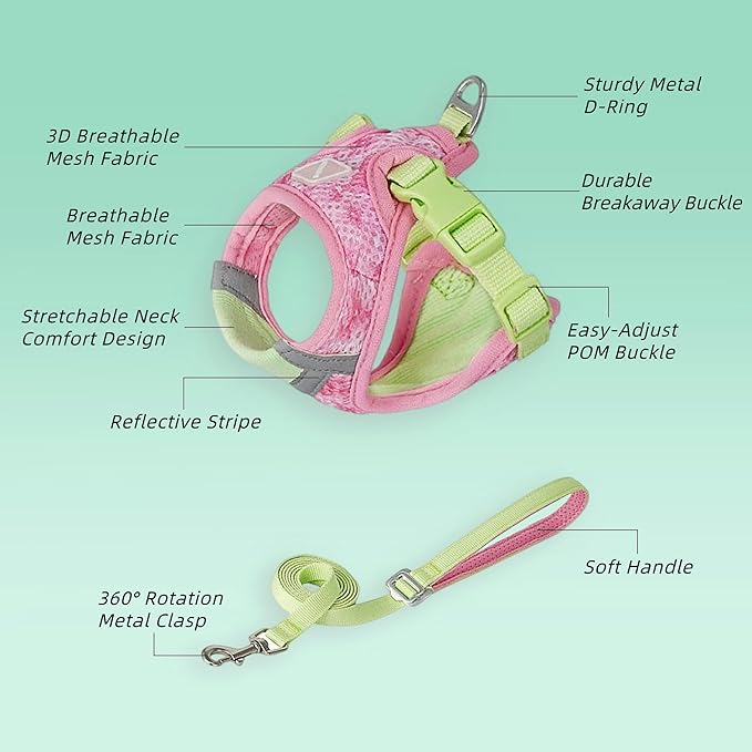 Cat Harness and Leash Set for Comfortable Outdoor Walking, Escape Proof, Adjustable Soft Kitten Vest Harness with Reflective Strip for Cats, Small Dogs (Pink Green, S)