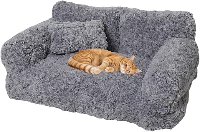Plush Calming Pet Sofa Bed, Soft Cat Dog Couch with Removable Cover, Large Kennel Cat Sleeping Sofa Chair Furniture, Non-Slip Bottom for Supplies Cats Dogs(Gray,XXX-Large)