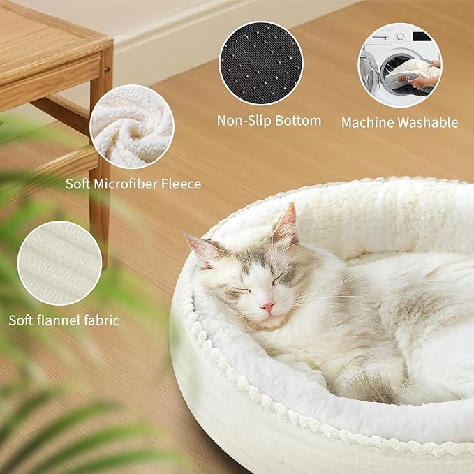 Zerbuger 23in Cream Round Cat Dog Bed Gift for Large Medium Small Dogs Cats, Machine Washable Sleeping Sofa, Non-Slip Bottom Breathable Soft Calming Pet Cuddler for Indoor/Outdoor/Car/Cage