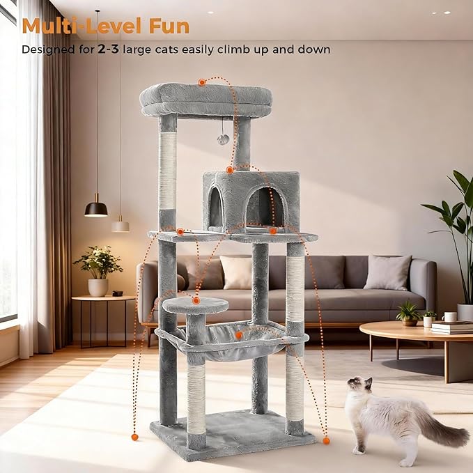 MUTTROS Cat Tree for Large Cats Adult with Metal Plush Big Hammock, 56.3" Cat Tower with 2 Door Condo House, 6-Tier Cat Shelves with Scratching Posts and Large Top Perch, Gray