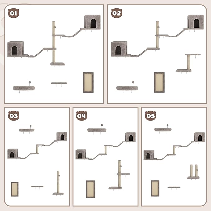 COZIWOW 8-in-1 Cat Wall Furniture Set – Wall Mounted Cat Climbing Wall Shelves with Tree, Perch, Scratching Post and Bridge for Large Cats (Gray)