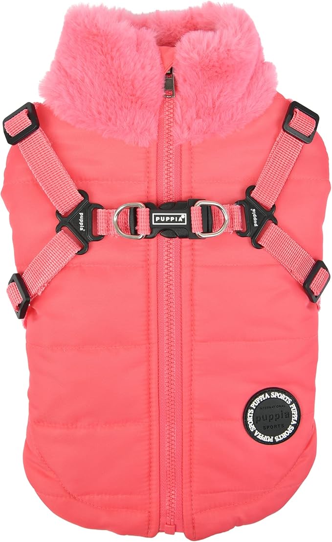 Puppia Donavan Winter Dog Coat with Integrated Harness No Pull Cold Weather Waterproof Warm Fleece Back Zipper for Small & Medium Dog, Pink, Small