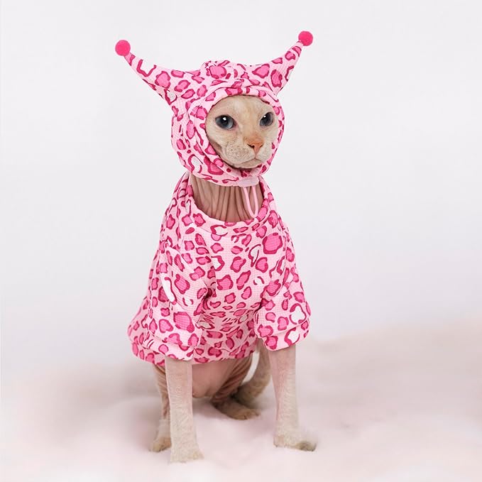 Sphynx Cat Clothes, Cat Suit with Hat and Sweatshirt, Full Set for Hairless Cats, Cornish Rex and Devon Rex (Pink Suit, M(4.5-5.5lbs))