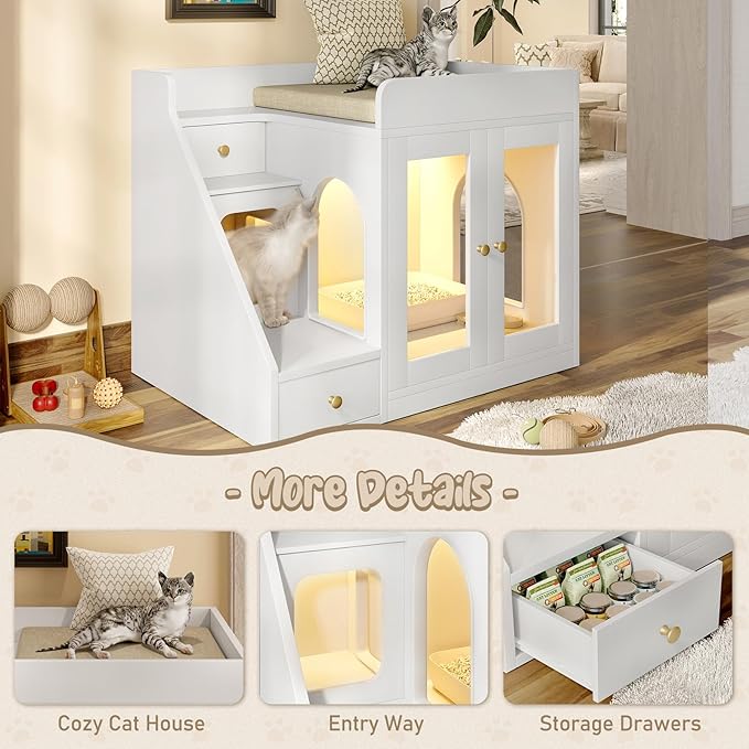 Cat Litter Box Enclosure with Light, Hidden Litter Box Furniture with 2 Storage Drawers & Smart Doors, Cat House Side Table for Living Room Entryway (White)