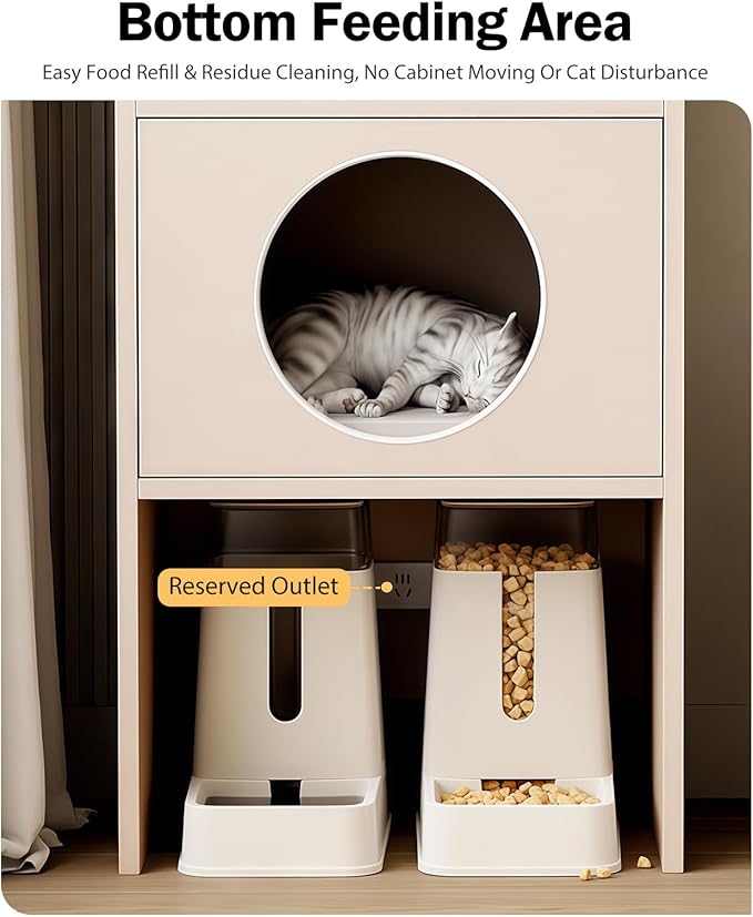 Multi-Function Cat House Furniture, Solid Wood Cat Condo with Storage Drawer, Pet Bed & Feeding Area, Compact Cat Cabinet (Natural & White,19.6" L*15.7" W*41.3" H)