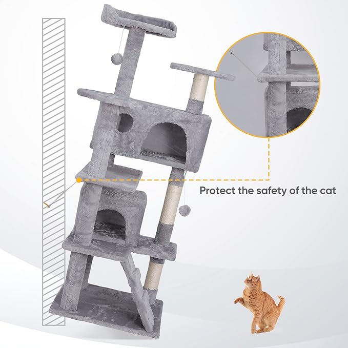 53 Inches Multi-Level Cat Tree Condo Furniture Kitten Activity Play House Bed Pet Kitty Climbing Tower with Scratching Posts/Plush Perch/Scratcher Ladder/Tunnel for Cats,Kittens,Pets (Light Grey)