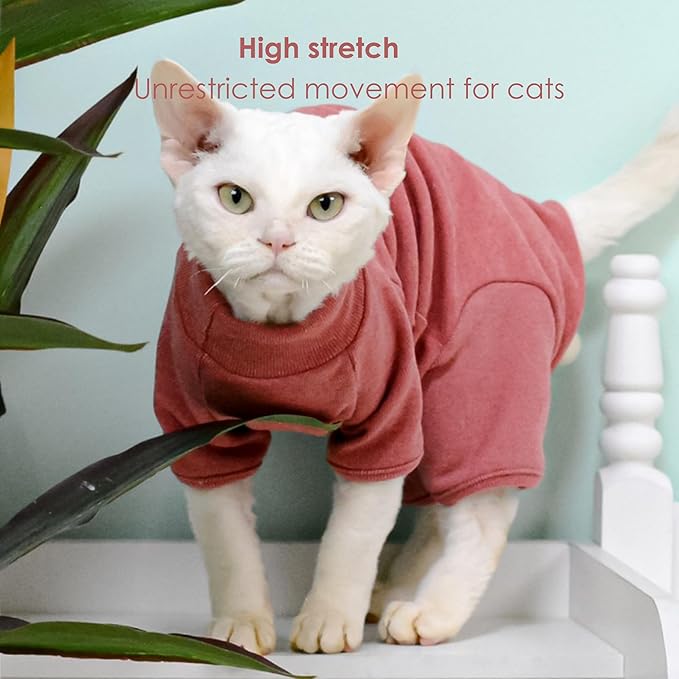 Sphynx Cat Sweater –Hairless Cats Shirt Pullover Kitten T-Shirts with Belly-Wrap Protection, Soft-Stretch Winter Clothes for Hairless Cats, Indoor Kitten Apparel (Red, Large)
