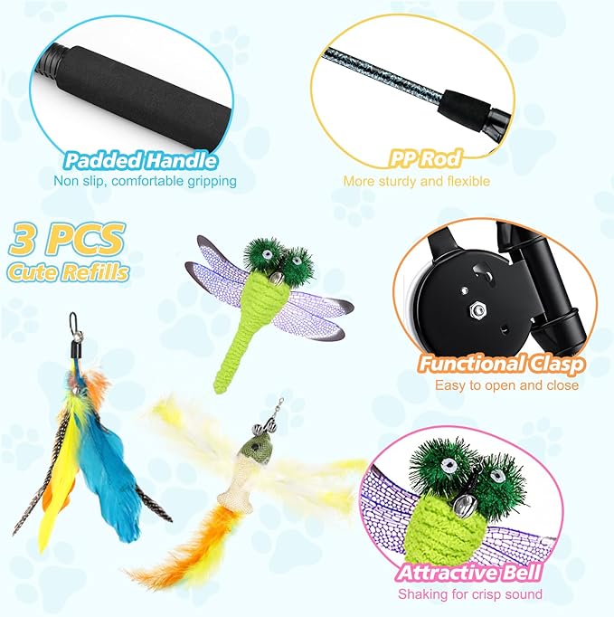 Pawaboo Cat Feather Toys, 4 Pack Interactive Cat Feather Teaser Wand Toys, Retractable Fishing Pole Wand Catcher Exerciser with Refill Fish, Dragonfly Worm with Bells, Blue Yellow Green
