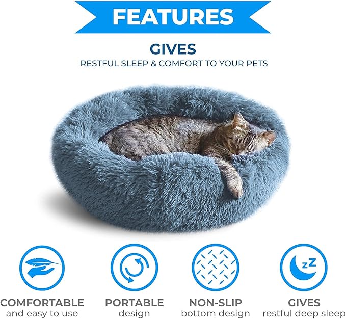 Whiskers & Friends Cat Beds for Indoor Cats, Fluffy Calming Donut Cat Bed, Small Dog Bed Washable - Orthopedic Soft Plush Pet Beds Sized for Kitten to Large Cats & Puppy to Small Dogs - Navy Grey 23''