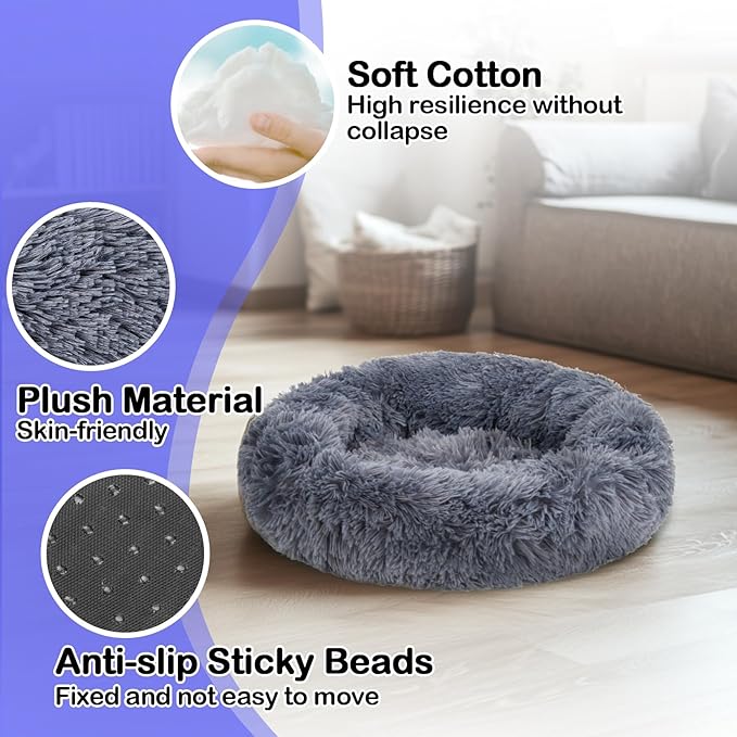 RAINFLOW Cat Bed - Calming Cat Bed for Small Kittens Donut Washable Round for Indoor Kittens and Puppies, Anti-Slip Round Fluffy Plush Faux Fur,Large, Dark Blue