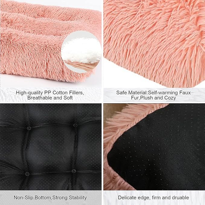 Long Plush Calming Pet Bed Cuddler Pet Bed for Dogs and Cats Fluffy Faux Fur Dog Bed with Anti Slip Bottom Machine Washable Pet Sleep Bed Crate Mat Tie-Dye Brown M