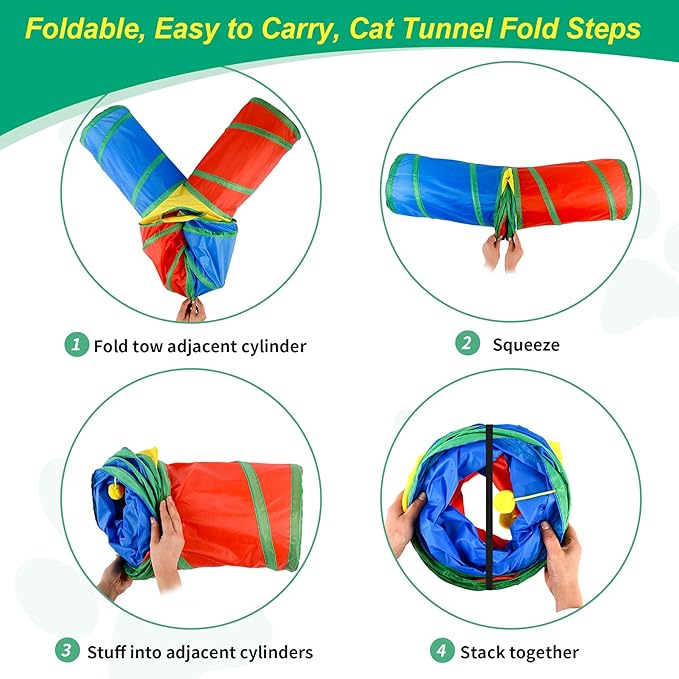 Cat Tunnel 4 Way Collapsible, Interactive Cat Toys for Indoor Cats, 12 PCS Cat Springs Toy Kitten Toys Pack, Large Rainbow Bunny Tunnel Tube with Peephole, Pet Tunnels for Cats Kitty Rabbits