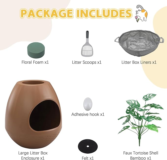 Eggloa6 Hidden Cat Litter Box with Artificial Plants - Egg-Shaped Enclosure Includes Scoop, Discreet Furniture for Home Decor, DIY Assembly Cat Litter Box Cabinet for Living Room (Coffee)