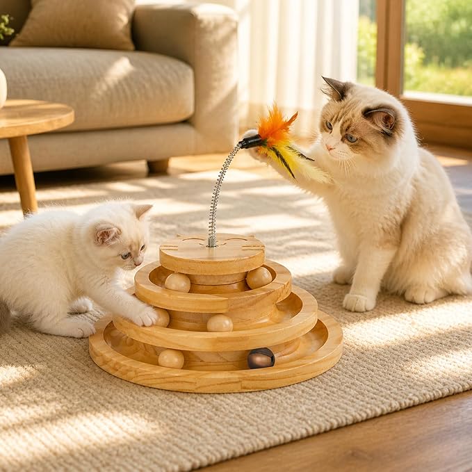 Cat Toy Ball Track with Feather Wand, 4 Layer Large Wooden Cat Ball Tower (9.9”) for Indoor Cats, Interactive Self Play Cat Toy with Bell Balls, Durable Pine Track for Big & Multi Cat Homes