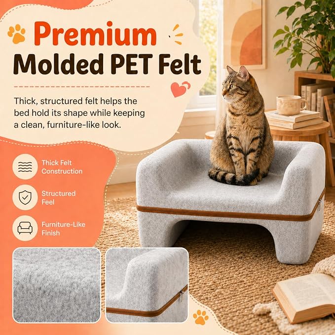 Cat Bed for Indoor Cats, 2-Tier Cat Cave Bed with Top Lounge & Lower Hideaway, Washable PET Felt Cat Sofa for Living Room, Bedroom, Apartment, Scratch-Friendly Cat Furniture, Light Gray