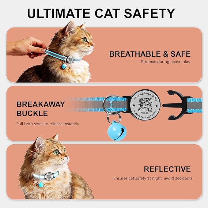 Breakaway Cat Collar with Safety Bell & Reflective Strips | QR Code ID Tag & Name Plate | Adjustable for Kittens Blue
