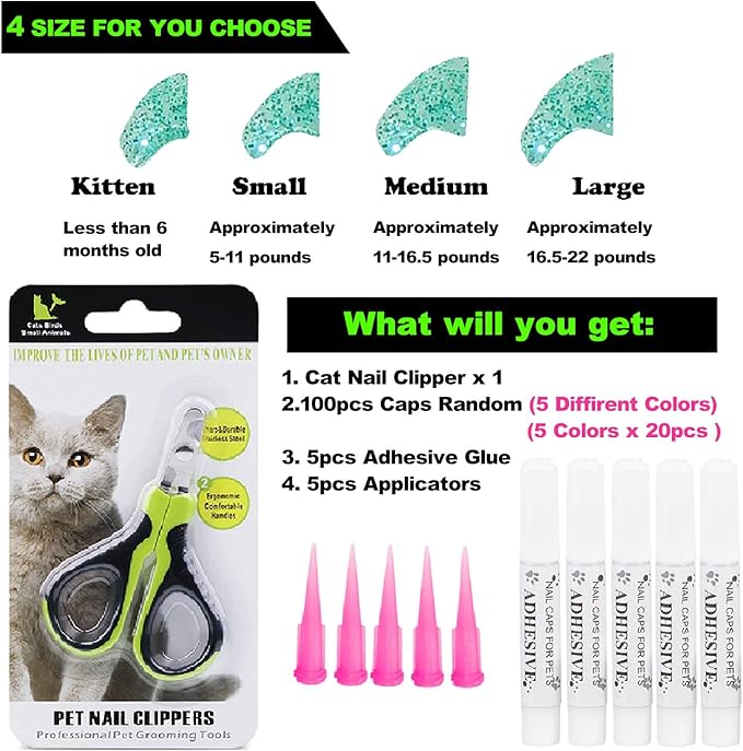 VICTHY 100pcs Cat Nail Caps with Clipper Set, Cat Nail Clipper + Nail Covers with Adhesive and Applicators Size Small (5 COLORS)