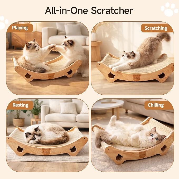 Upgraded Sisal Cat Scratcher Bed, Solid Oak Frame 1.3 cm Thick, 100% Sisal Pad, Curved Scratch Lounger, Stable Base Up to 36 lb, Sofa Protector, Odor-Free, 23.6" x 13.7"
