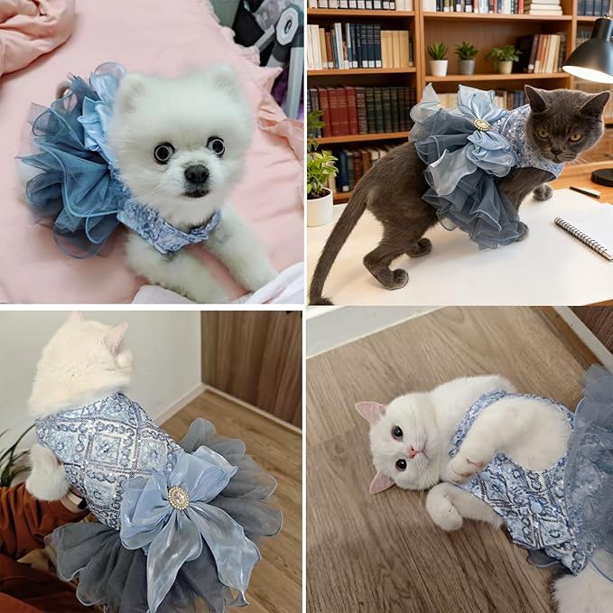 Blue Princess Small Dog & Cat Dress - Sequin Tutu Outfit with Bow Knot & Pearl Decor | Formal Pet Clothes for Wedding, Birthday, Party | Fit Chihuahua, Yorkie, Kitten (Blue-Bow, X-Large)