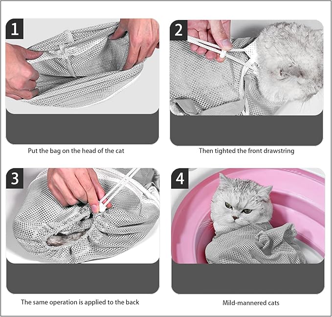 Adjustable Multifunctional Anti-Bite Shower Net, Cat Grooming Mesh Bag, Bath Brush & Nail Clipper (A-Grey)