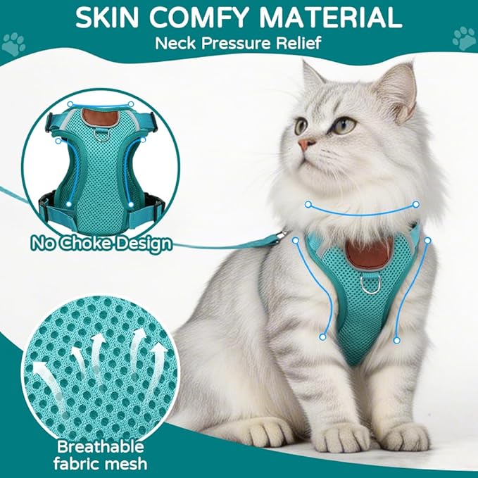 Cat Harness and Leash Set with Holder Compatible with AirTag, Escape Proof Kitten Harness with Lead for Large Adult Cats, Soft Mesh Puppy Reflective Adjustable Jacket Vest for Walking, Green, M