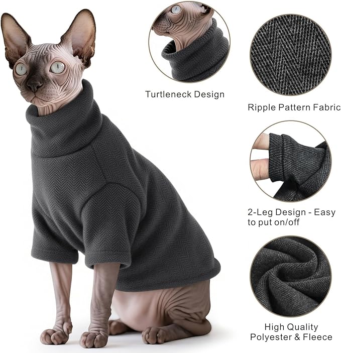 Idepet Sphynx Cat Warm Turtleneck Sweater Hairless Cats Shirt Pullover Kitten T-Shirts Thick Soft Fleece Clothes Cute Outfit Coat Pajamas for Cats and Puppy (Dark Gray, X-Large)
