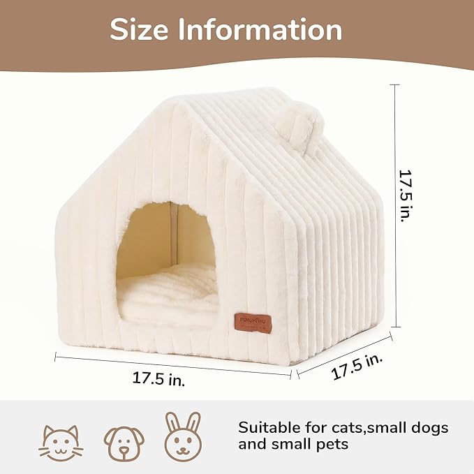 FUKUMARU Cat Houses for Indoor Cats, Washable Cute Cat Bed Cave with Removable Pillow, Large Semi-Enclosed Cozy Dog House Indoor, Soft Faux Rabbit Fur Kitten Bed, 17.5-Inch Cat Hideaway, Cream