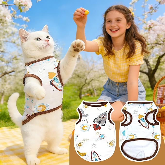 PETCARE Cute Cartoon Cat Shirts for Cats Only Soft Cotton Tshirts Brown Spaceship Cat Clothes for Cats Only Female Male Small Breeds Pet Pajamas Sleeveless Pet Tank Top Spring Summer Kitten Clothes