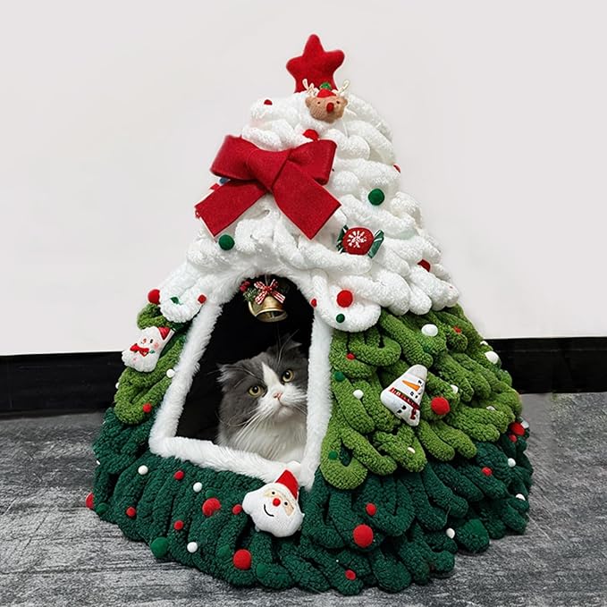 DIY Christmas Tree Cat Bed with Materials, Christmas Pet Tree House Package, DIY Felt Xmas Cave, Indoor Felt Nest for Cats and Kittens, Teepee Furniture Decorations for Family & Friends(B)