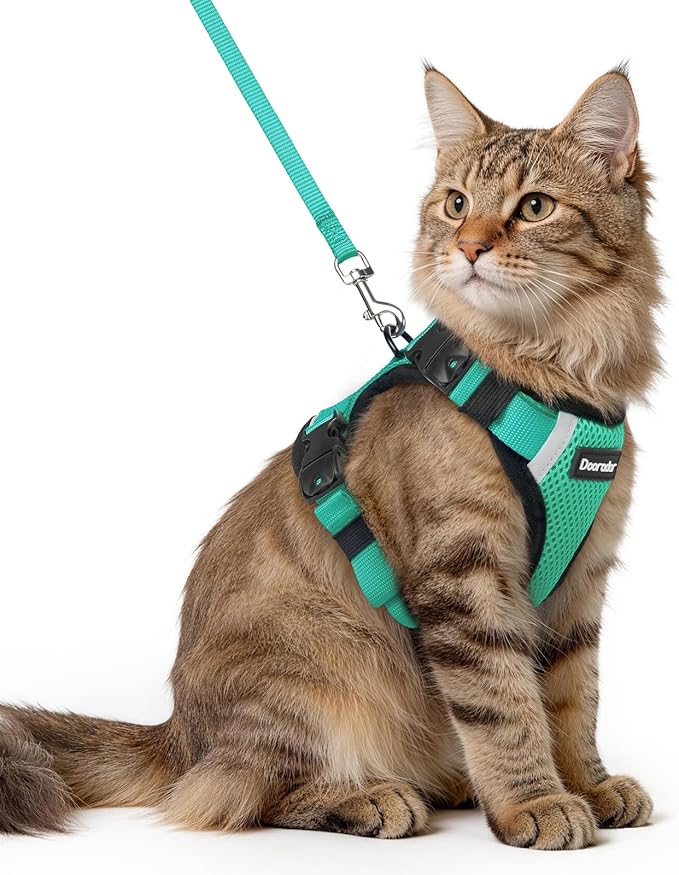 Dooradar Cat Harness and Leash Set, Escape Proof Soft with 3 Adjustable Buckles, Comfortable Vest Easy to Wear Kitten Harness with Reflective Strip, Safe for Outdoor Walking, Cyan Green, M