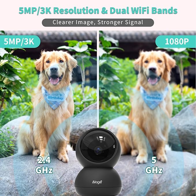 Alaga Indoor Security Camera,3K, 360° Pan/Tilt, Human/Pet/Motion AI, Night Vision, Speaker, Indoor Camera with Phone App, Compatible with Alexa & Google Assistant,5G & 2.4G WiFi,Black