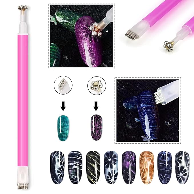 9pcs Cat Eye Magnet Set, 3-in-1 Heart Magnet for Nails, Strong Cylindrical Magnet with Scissor-Shaped/Y-Shaped Brackets/Bunny-Shaped Plates for French Heart Bunny Cat Eye Nail Art Effect