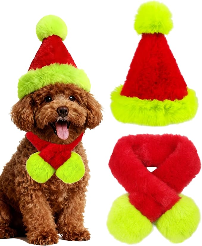 Dog Christmas Hat with Scarf, Cat Santa Hat Soft Plush Dogs Mini Santa Hats Small Dogs or Cats Pet Costumes Goose Cat Christmas Outfit(Green Red, Medium)
