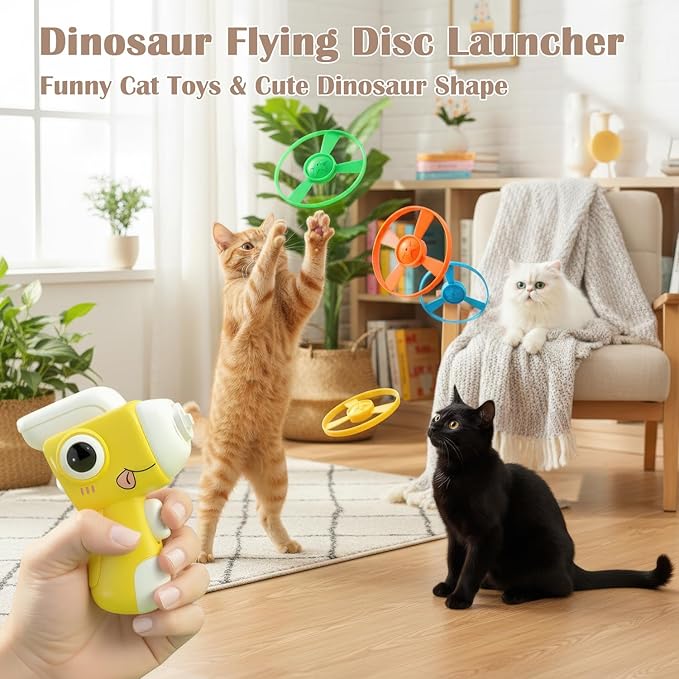 Interactive Cat Toy Fetch Launcher | Includes 8 Soft Discs for Indoor Cats | One-Press Easy Launch Cat Hunting Toy to Relieve Boredom | Ideal for Kittens and Adult Cats, Yellow