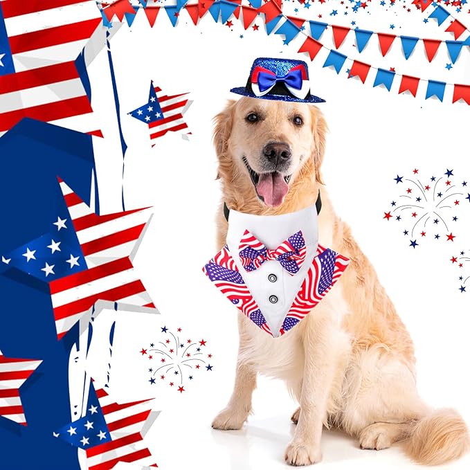 Dog Independence Day Costume 2Pcs Tux Bandana Shiny Pet Top Hat American Flag Dog Tuxedo Triangle Bibs 4th July Scarf Patriotic Holidays Outfit Dog Collar with Bow tie for Small Medium Large (Large)