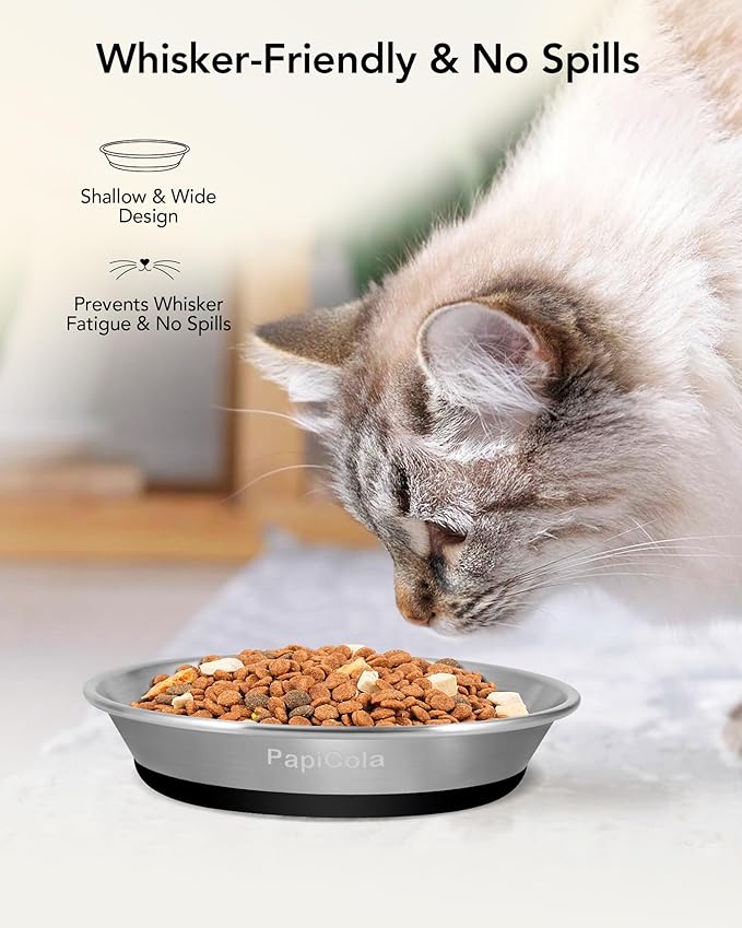 Stainless Steel Cat Bowls 2 PCS, Non-Slip cat Food Dishes, Metal Pet Food and Water Bowls, Whisker Friendly with Wide and Shallow Design, 6.3'' Wide, 0.7mm Thick Steel, Ideal Pet Dish (2 PC-6.3in)