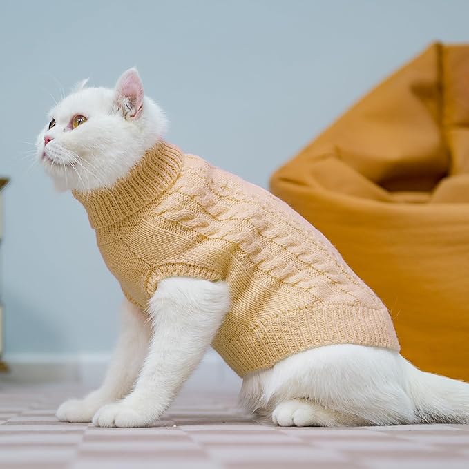 PUPTECK Winter Cat Sweater Coat - Soft Warm Cold Weather Clothes Knitwear for Kittens & Small Dogs Indoor Outdoor Wearing, Knitted Classic for Doggies Kitties Girls Boys, Beige, S