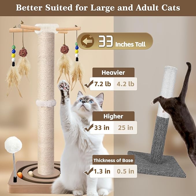 PAROTO Tall Cat Scratching Post, 33 Inch Sisal Cat Tree Tower Scratcher for Large Adult Indoor Cats, 2 Mounting Methods, Hanging Toys and Double Ball Track Activity Center