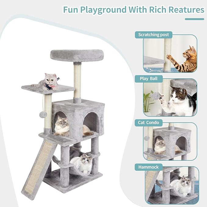 Grey Cute Cat Tree for Indoor Cat Tower with Scratching Post Modern Activity House Hammock Hanging Ball Condo with Board
