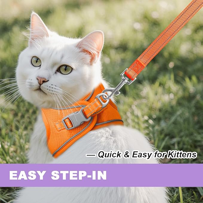Cat Harness and Leash Set,Escape Proof Kitten Harness,Step in Adjustable Soft Lightweight,Easy Control,Reflective Strips Comfortable for Walking Travel(Orange,XXS)