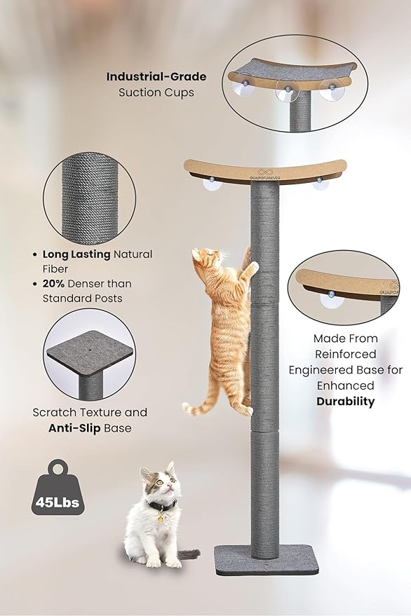 Heavy Duty Cat Window Perch with Scratching Post – Large Scratching Post with Perch, Strong Suction Cups, Eco, Multi-Level Cat Furniture for Indoor Cats (Grey)