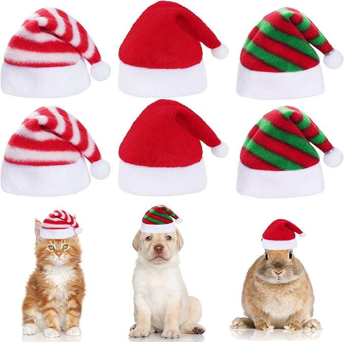 Jmkcoz 6 Pieces Pet Cat Dog Christmas Santa Hat Holiday Party Cute Costumes for Puppy Kitten Christmas Cosplay Dress Up Supplies (Striped)
