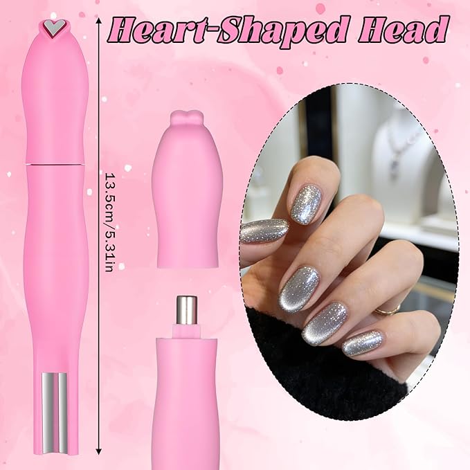 2Pcs 3 in 1 Cat Eye Nail Magnet, Double-Ended Multifunctional Nail Magnet Stick with Round Magnetic Bead Heart Shaped NailMagnet Cat Eye Magnets Art Design for DIY, Studio or Salon