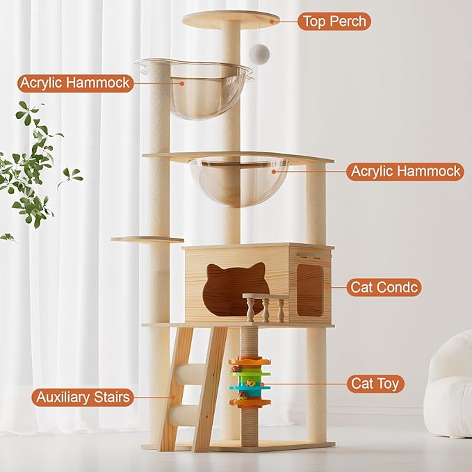Modern Cat Tree Tower, Solid Wood Cat Condo with Scratching Posts, Multi-Level for Indoor Cats, Indoor Cat Furniture for Large Cats and Kittens (59")