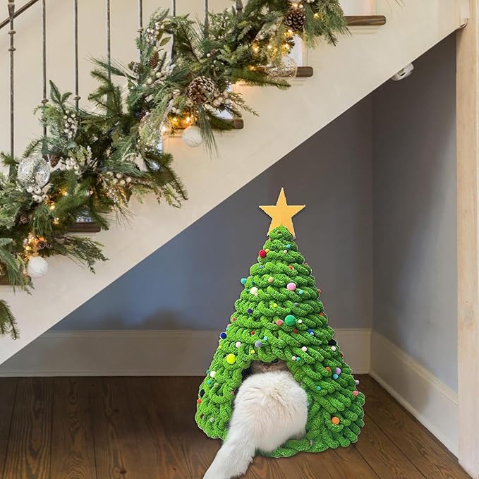Cat Christmas Tree Bed - Fun Tent Cave House, Kitten Bed Furniture Set with Plush Comfortable Material, and Pet Hideaway for Cats, Dogs, Indoor & Outdoor Use, Family, Friends, Pet Enthusi