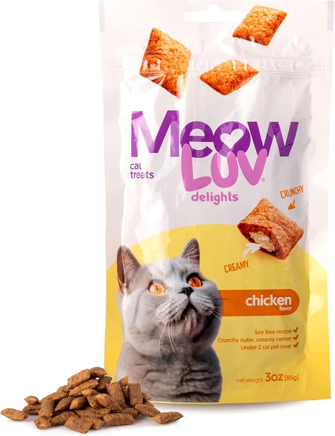 Ultra Chewy Meow Luv Delights Crunchy Cat Treats with Creamy Center - Chicken Flavor - Premium Cat Snacks - Soy-Free Recipe - Healthy Treats for Indoor Cats - 4 Pack
