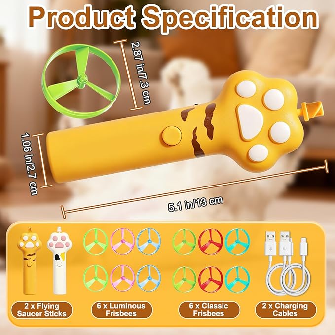 2 Pcs Cat Fetch Toy, Rechargeable Automatic Flying Disc Launcher with 12 Pcs Discs, Interactive Rotating Cat Toy for Indoor and Outdoor Use, Boredom Relief for Pets (White and Brown)