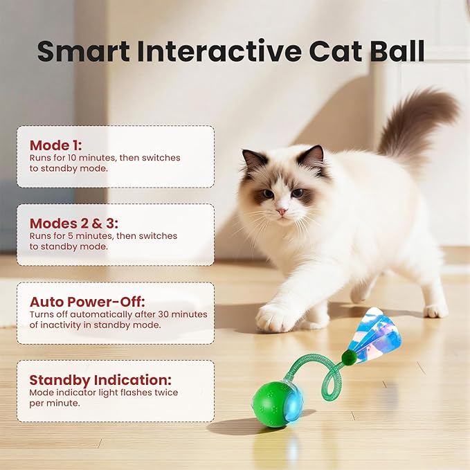 Rocfish Cat Toys, Cat Toys for Indoor Cats, Cat Toys Interactive, 360° Rotating Automatic Interactive Cat Ball, Smart Activation, LED Light, Type-C Rechargeable, 3 Replaceable Dragonfly Tails (Green)